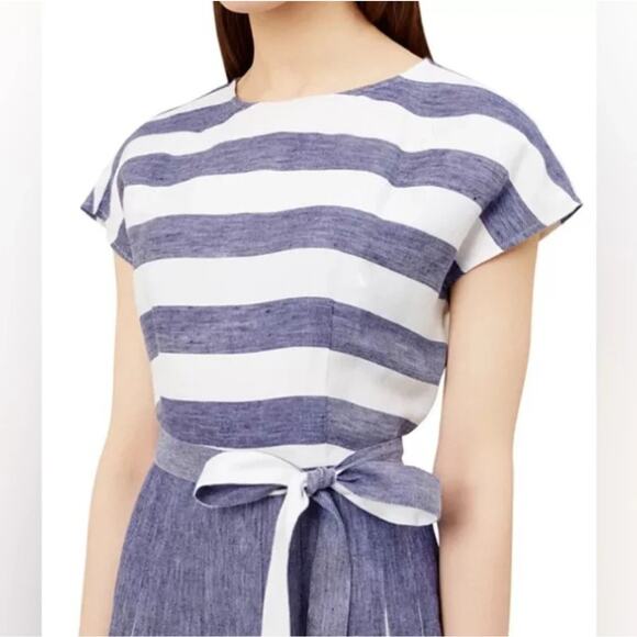Hobbs London Women's Blue & White Striped Aria Pleated Linen Midi Dress Size‎ 10 - Picture 2 of 11